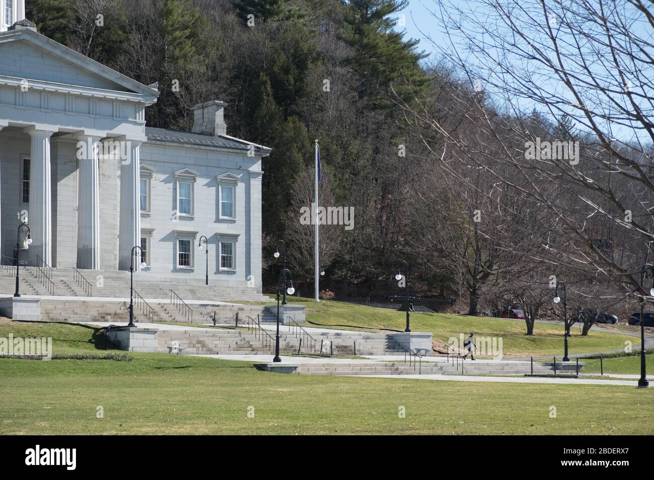 Vermont State House, Montpelier, VT, USA, capital of Vermont, during stay-at-home order sees deserted streets and social distancing downtown. Stock Photo