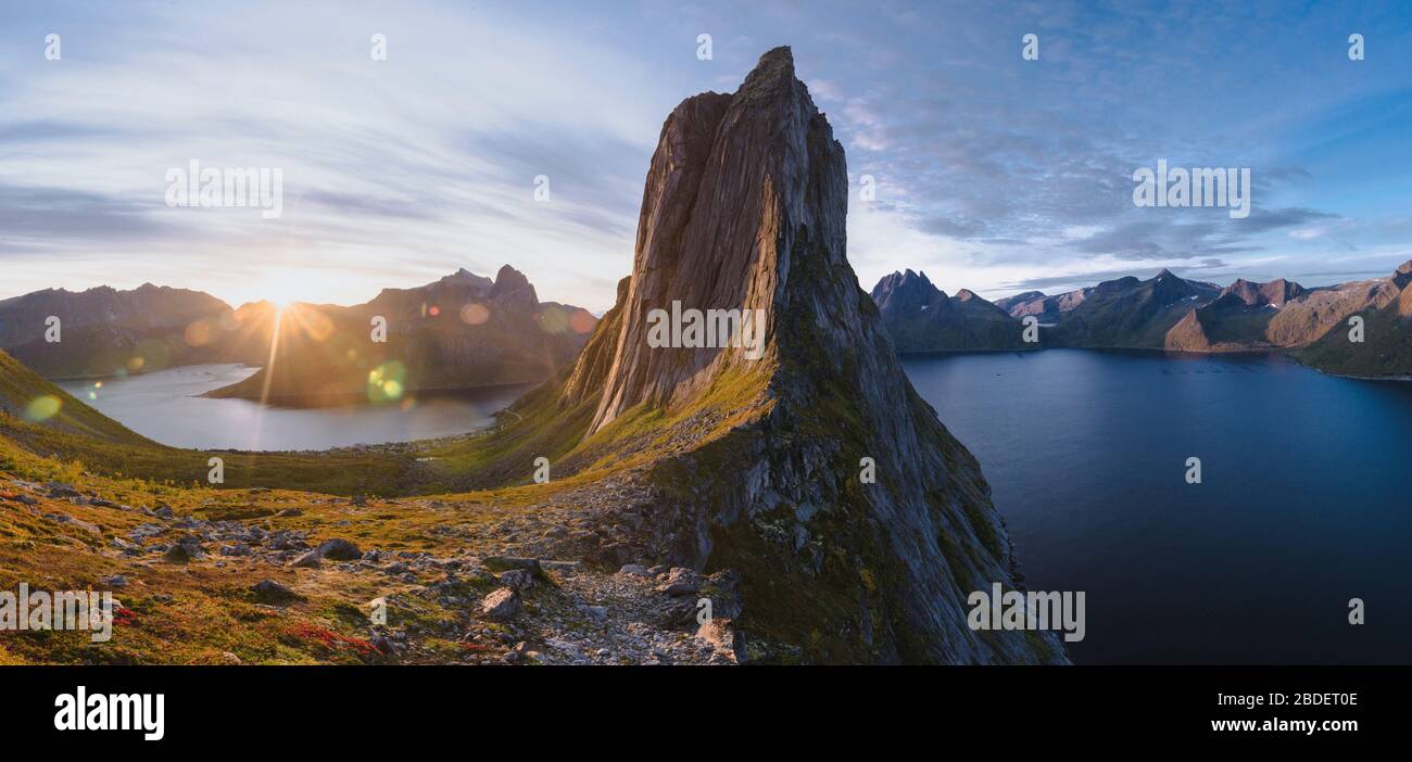 Norway, Senja, Panoramic view of Segla mountain at sunrise Stock Photo