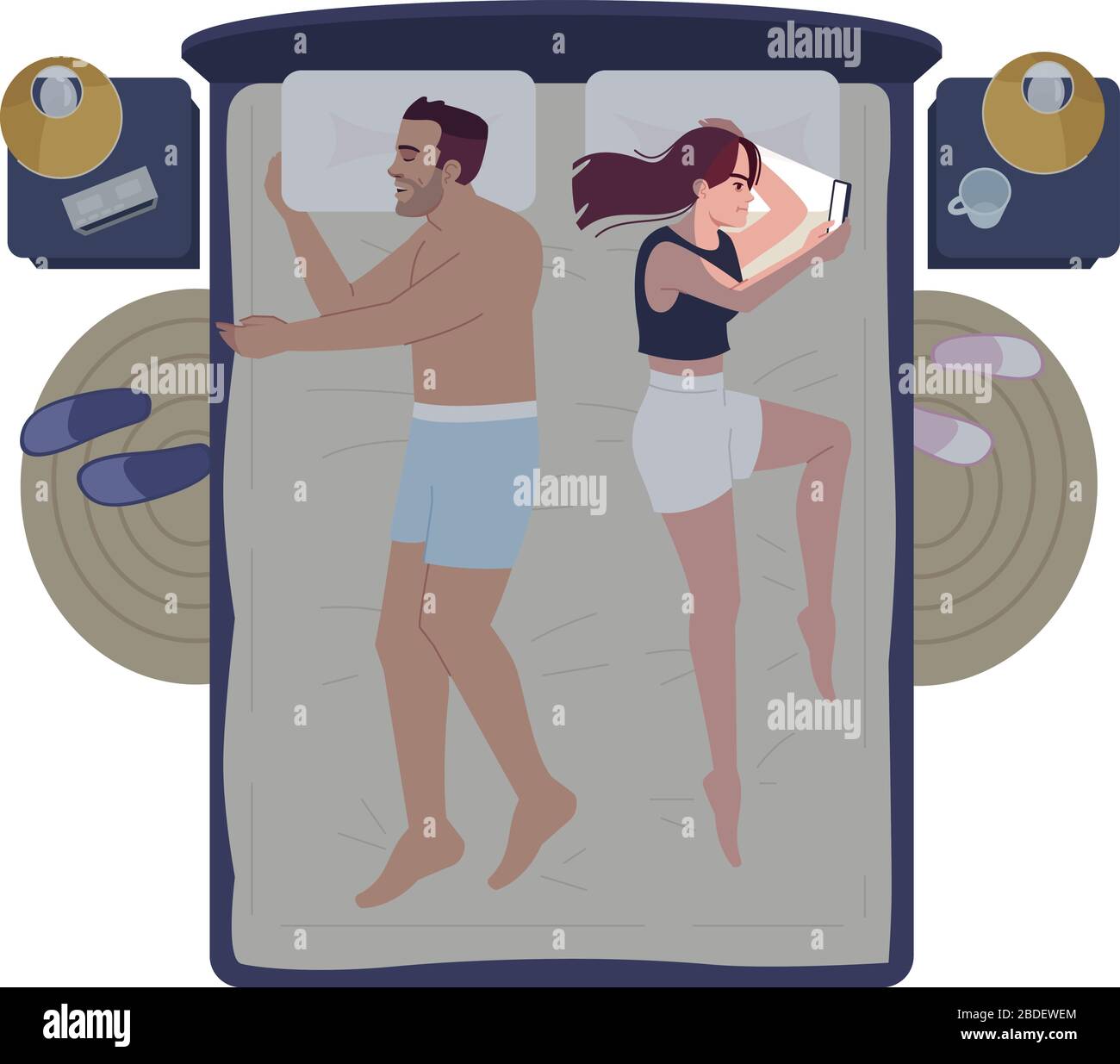 Married couple in bed at night semi flat RGB color vector illustration. Boyfriend and girlfriend in bedroom. Husband sleeping and wife chatting, using Stock Vector