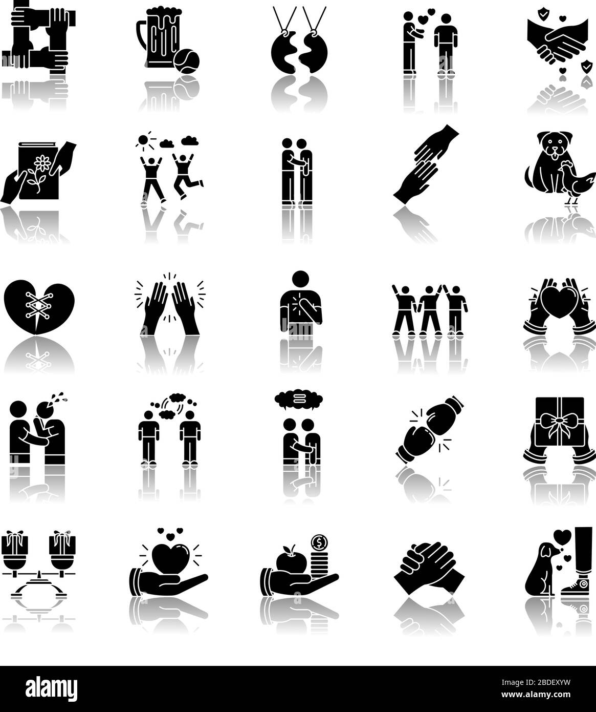 Friendly relationship drop shadow black glyph icons set 