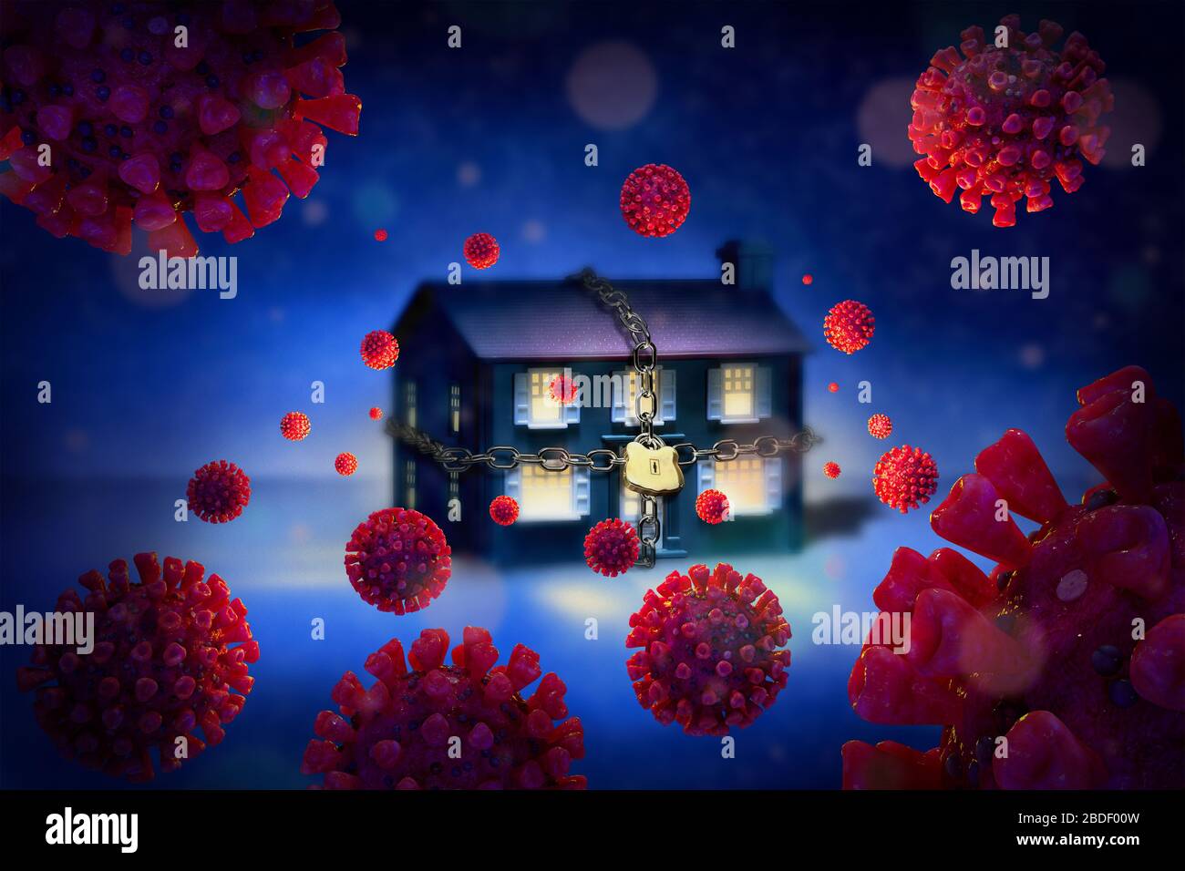 Digitally generated image of chained up house surrounded withÂ Coronaviruses Stock Photo