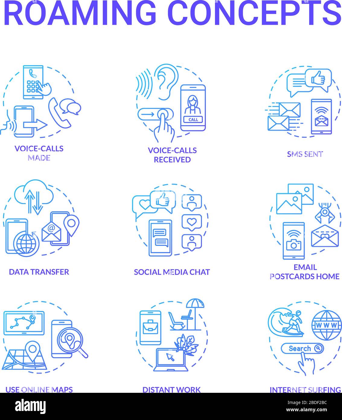 Roaming blue concept icons set. Online map. Browsing social media. Incoming voice calls. Distant work. Internet connection idea thin line RGB color Stock Vector