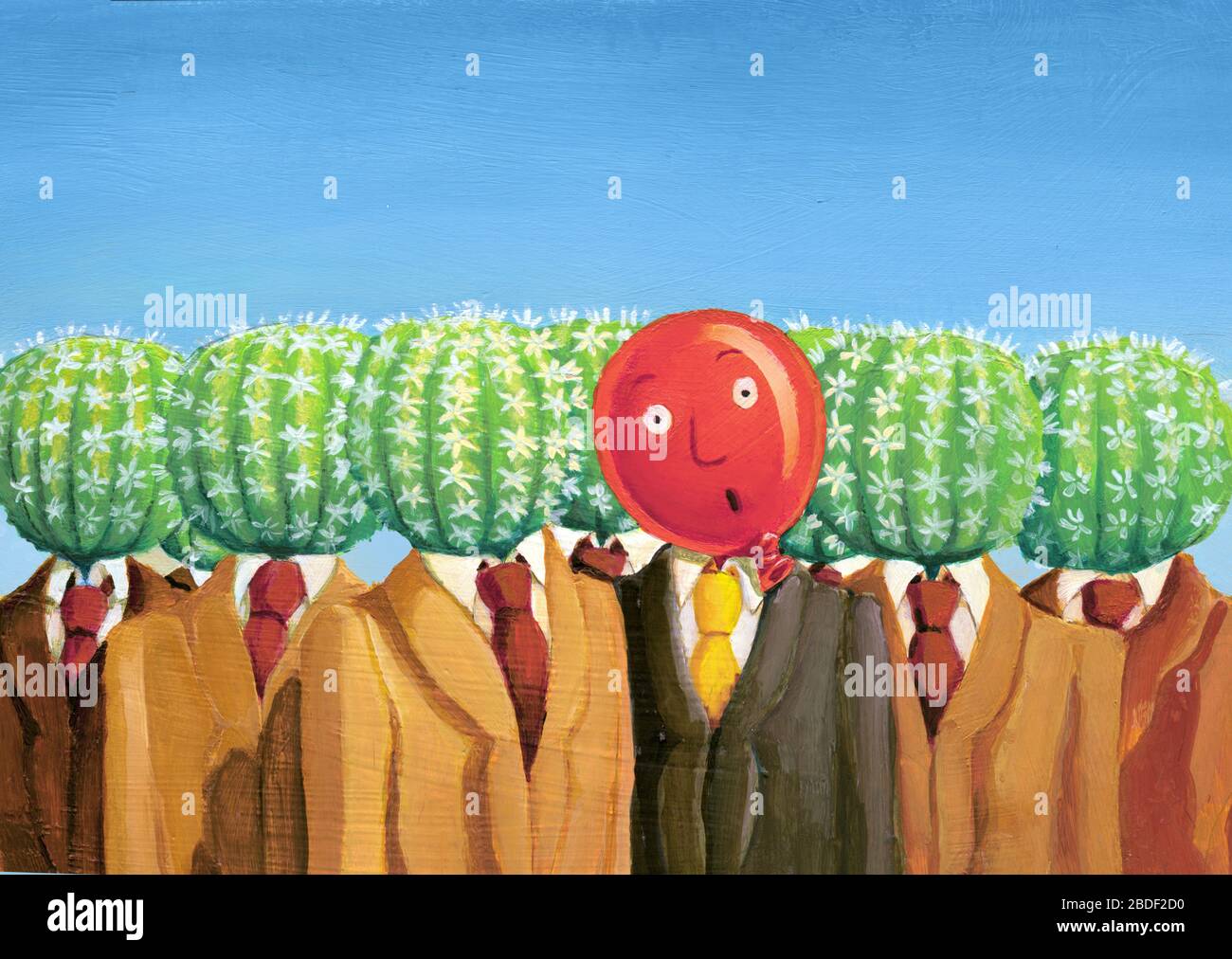 row of person have all the head made by a cactus only a man has the head made by a balloon and has the expression amazed and frightened concept of fra Stock Photo