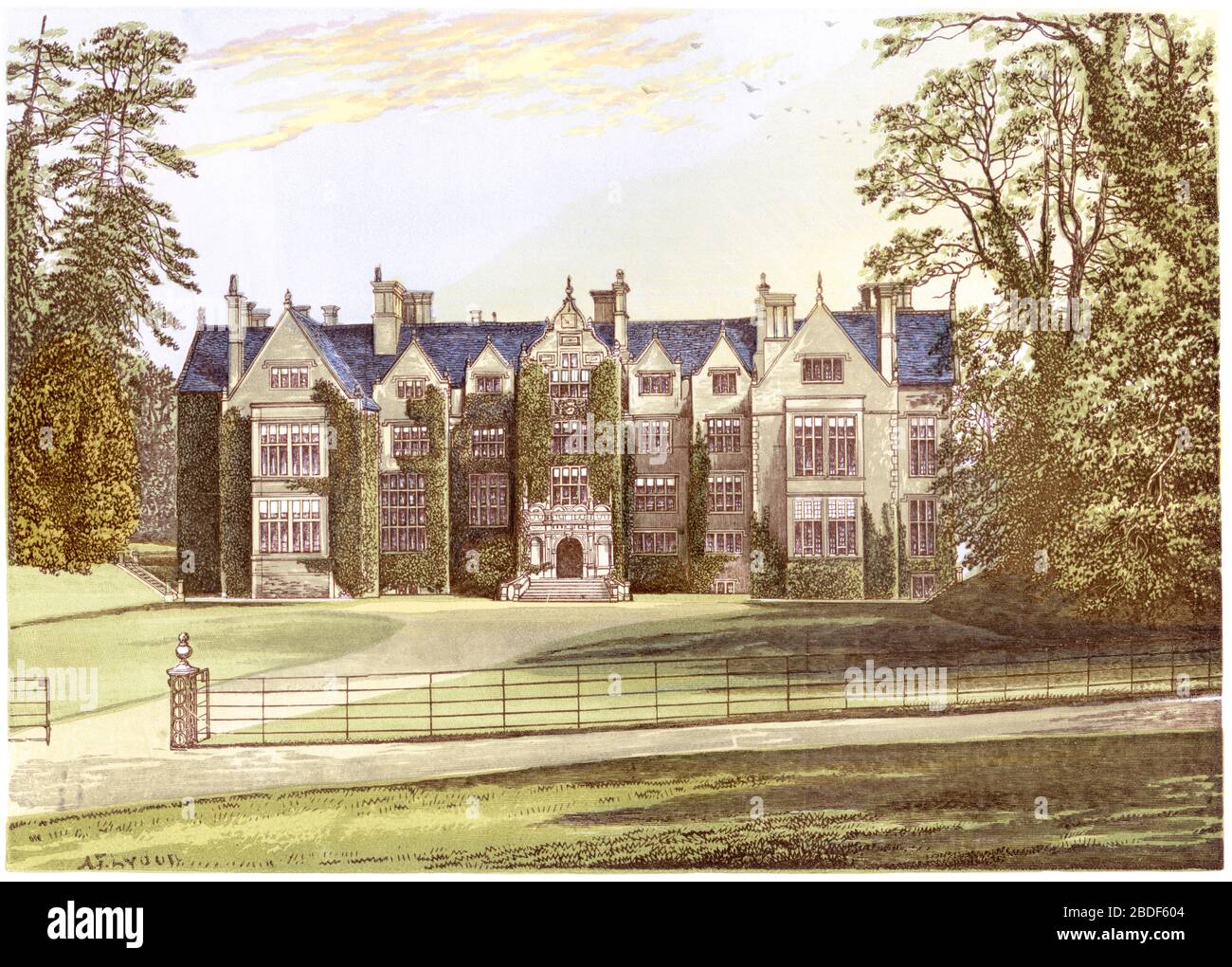 A coloured illustration of Wroxton Abbey, Banbury, Oxfordshire scanned at high resolution from a book printed in 1870. Believed copyright free. Stock Photo