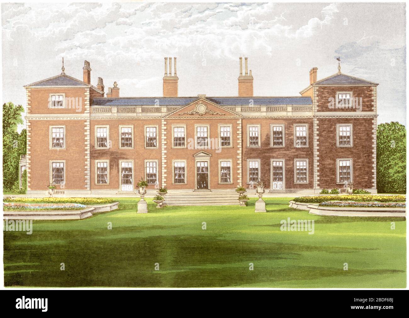 A coloured illustration of Euston Hall, Fakenham, Suffolk scanned at high resolution from a book printed in 1870. Believed copyright free. Stock Photo