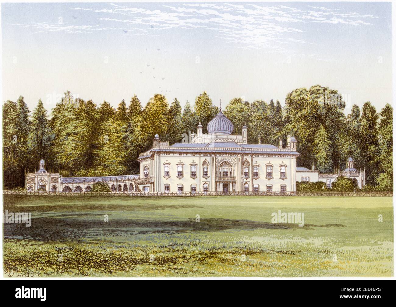 A coloured illustration of Sezincot (Sezincote House) Moreton in Marsh