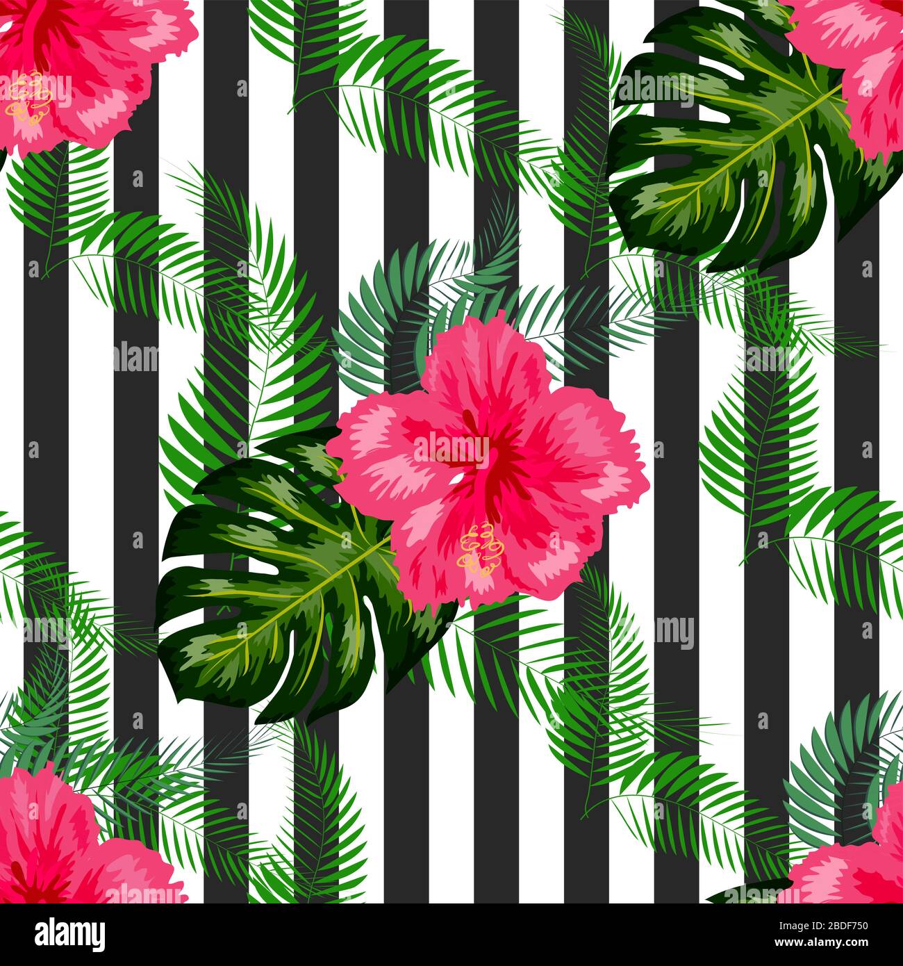 tropical illustration monstera plants leaves flowers hibiscus seamless ...