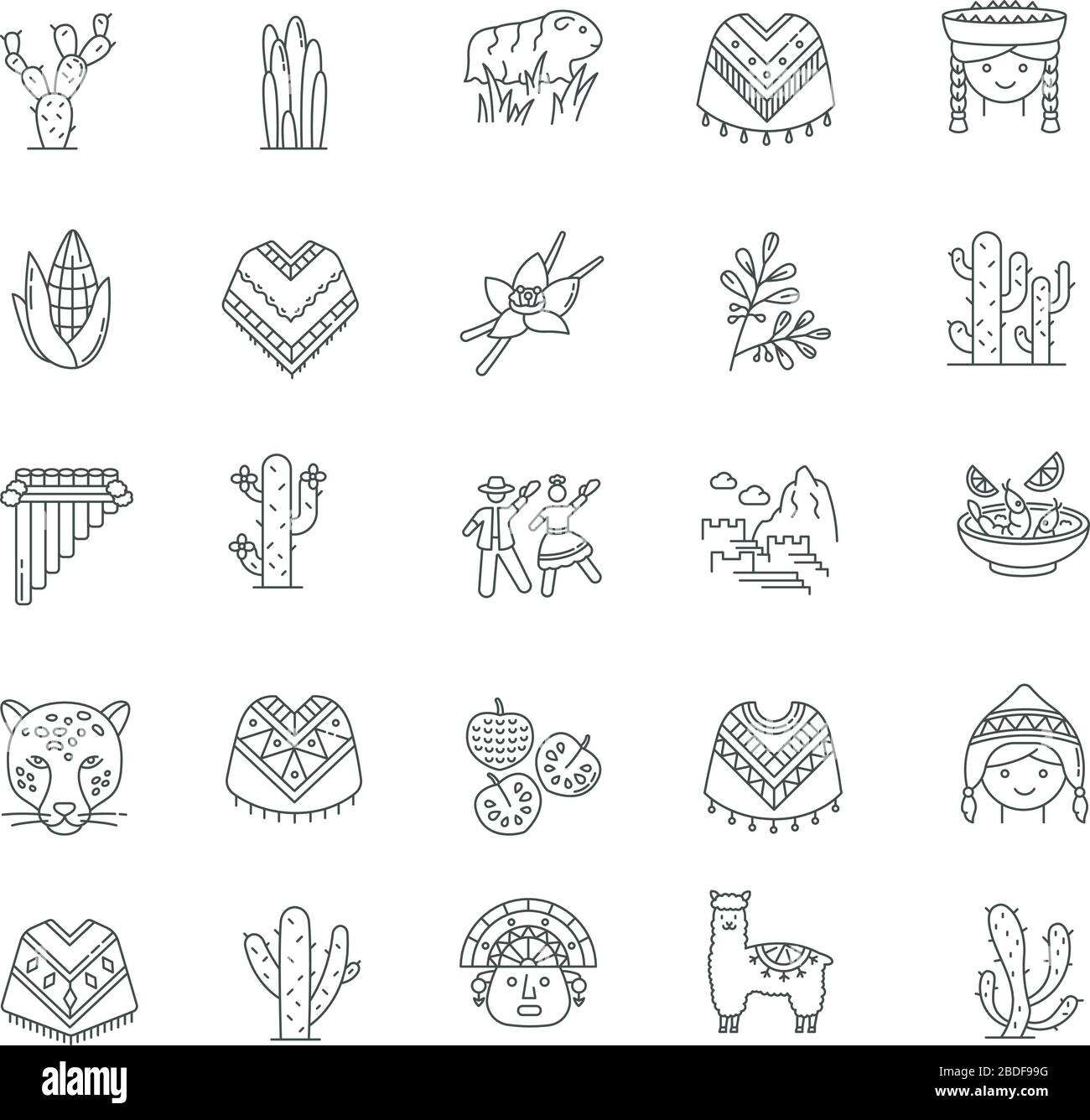 Peru pixel perfect linear icons set. Alpaca, guinea pig, siku, cherimoya, ceviche, incas, marinera. Customizable thin line contour symbols. Isolated Stock Vector