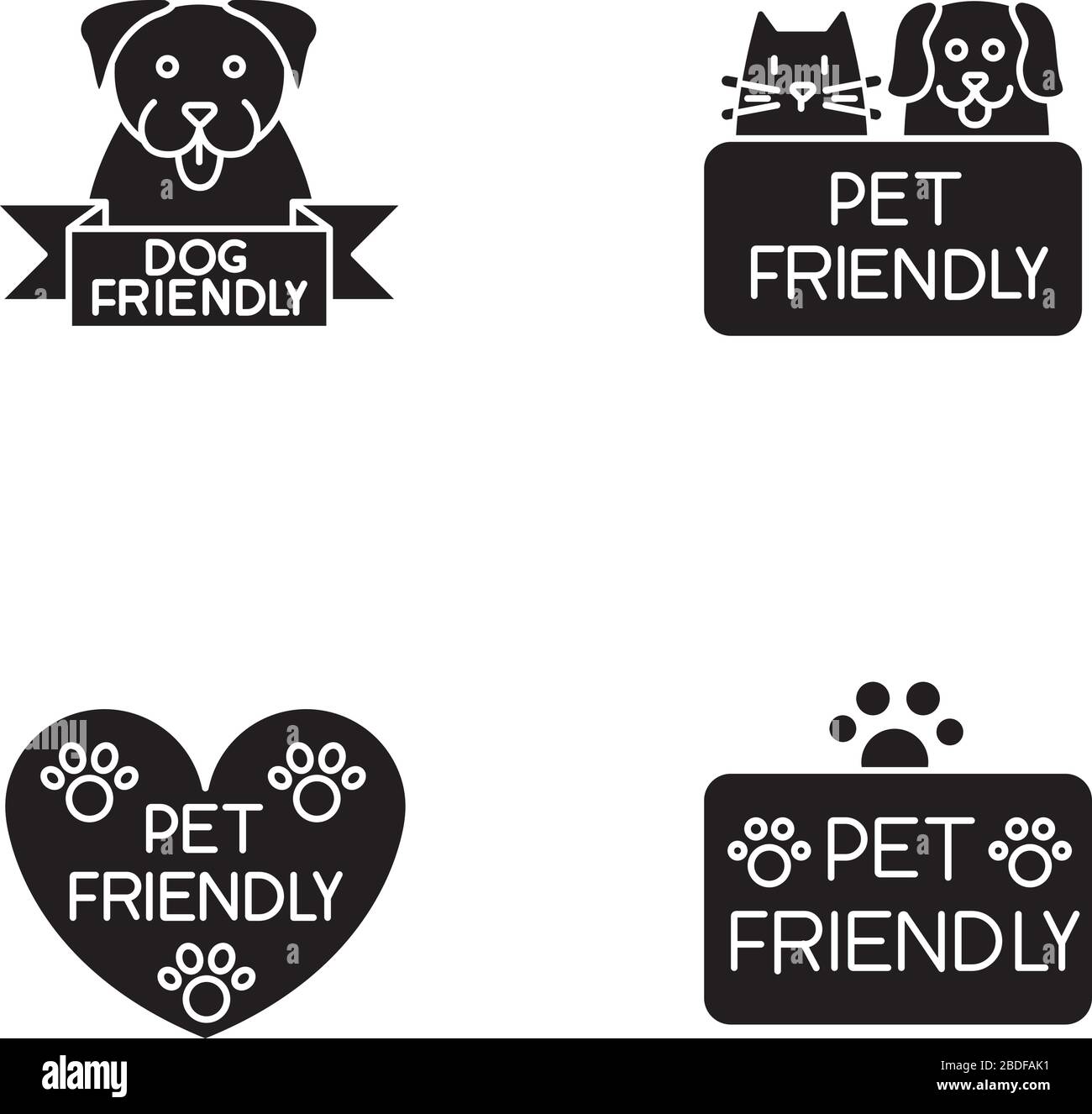 Pet friendly service black glyph icons set on white space. Four-legged friends grooming salon. Domestic animals care, cats and dogs allowed areas Stock Vector