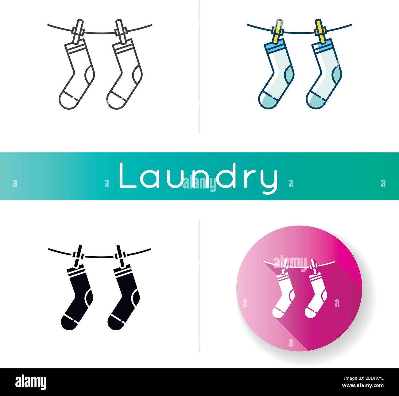 Outside drying icon. Laundry, clothesline, outdoors clothes drying. Socks hanging on clothesline, clean clothing, washed garment. Linear black and RGB Stock Vector