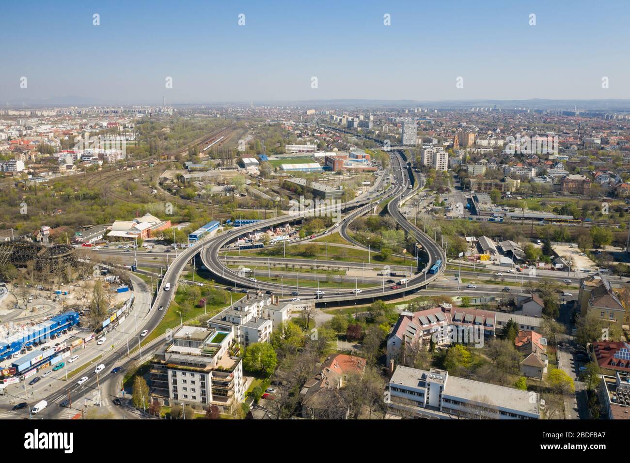 Aerial view of M3 motorway junction in Budapest, Hungary. Urban section. Stock Photo