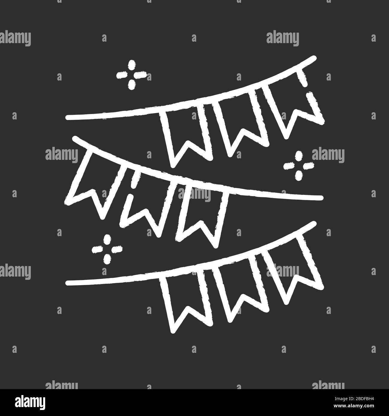 Party garland chalk white icon on black background. Carnival fair. Hang festive flags. Pennant for summer holiday. Celebrate birthday and anniversary Stock Vector