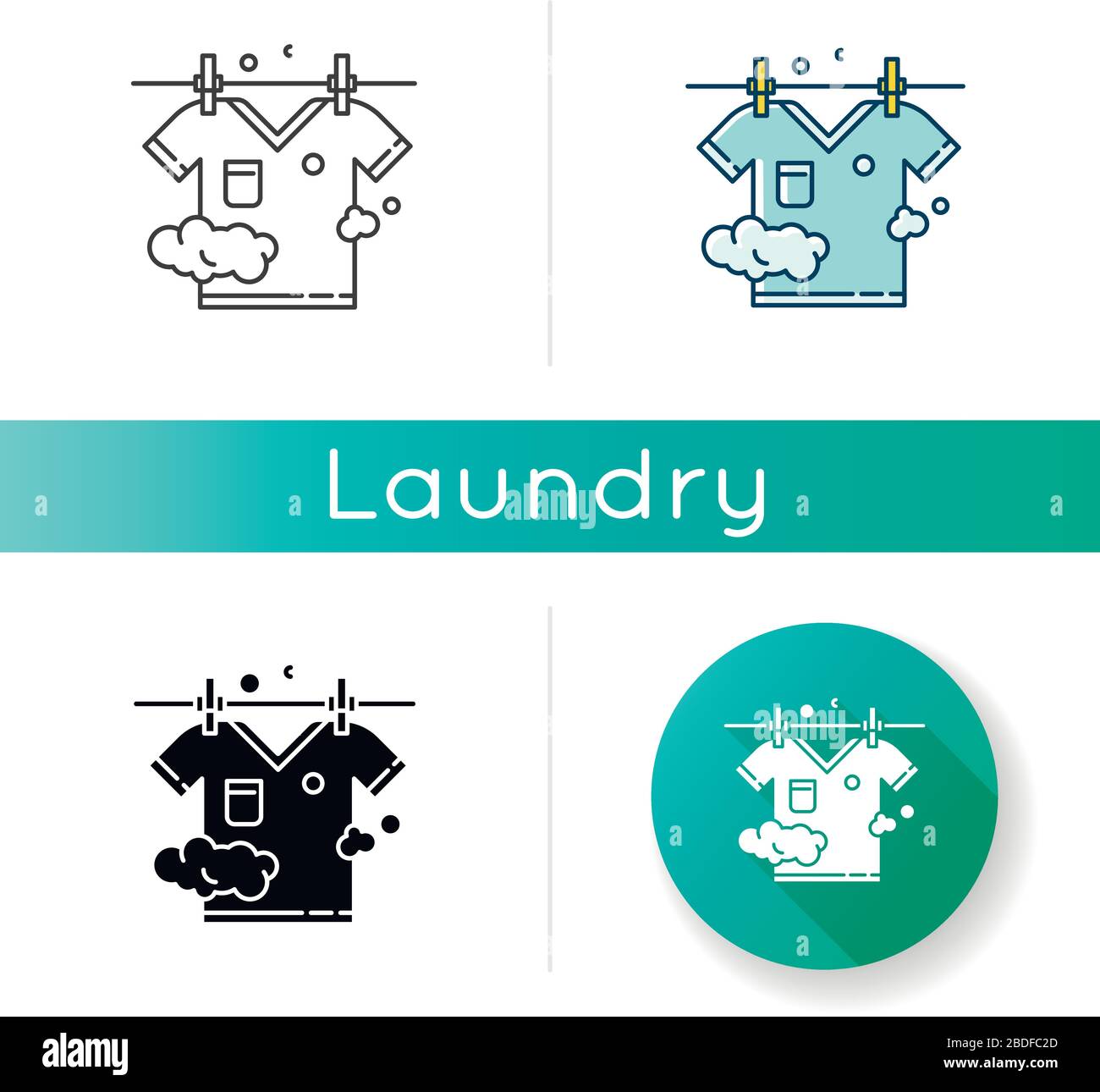 Outdoor drying icon. Laundry, clothesline, outside clothes drying. T-shirt hanging on rope, clean summer clothing, washed garment. Linear black and Stock Vector