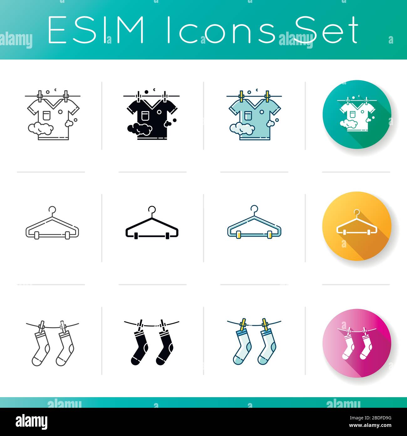 Laundry and clothes drying service icons set. Hanger and clothesline ...