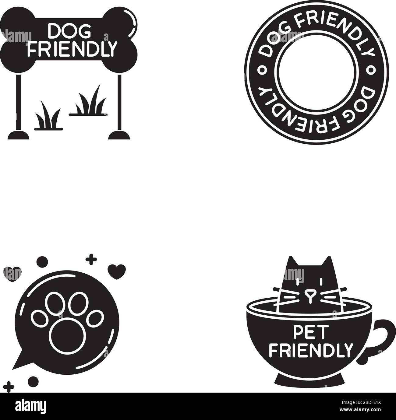 Cat and dog friendly areas emblems black glyph icons set on white space. Four-legged friends allowed territories signs. Kitty and doggy welcome Stock Vector