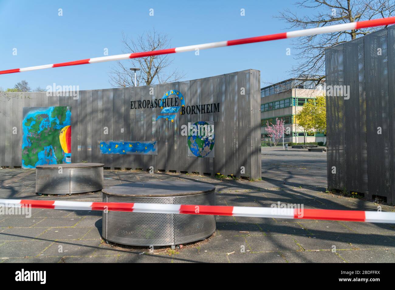 Bornheim, North Rhine-Westphalia, Germany - April 7, 2020: Local European School (Europaschule) closed due to global corona virus, COVID-19 pandemic. Stock Photo