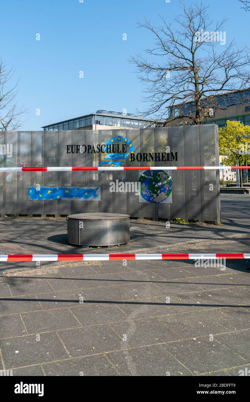 Bornheim, North Rhine-Westphalia, Germany - April 7, 2020: Local European School (Europaschule) closed due to global corona virus, COVID-19 pandemic. Stock Photo