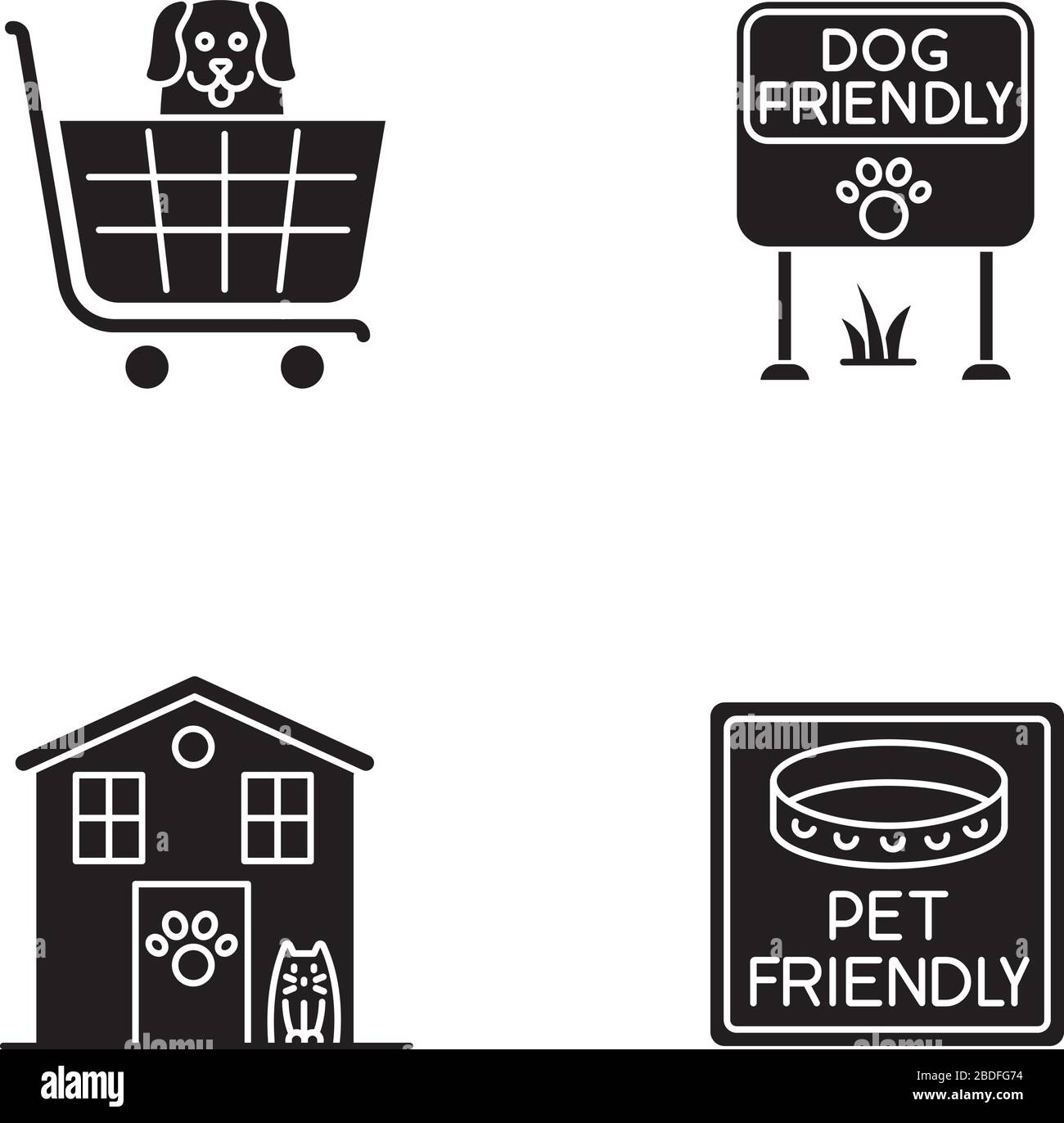 Pet friendly areas black glyph icons set on white space. Four-legged friends welcome shops and houses. Domestic animals allowed parks and supermarkets Stock Vector