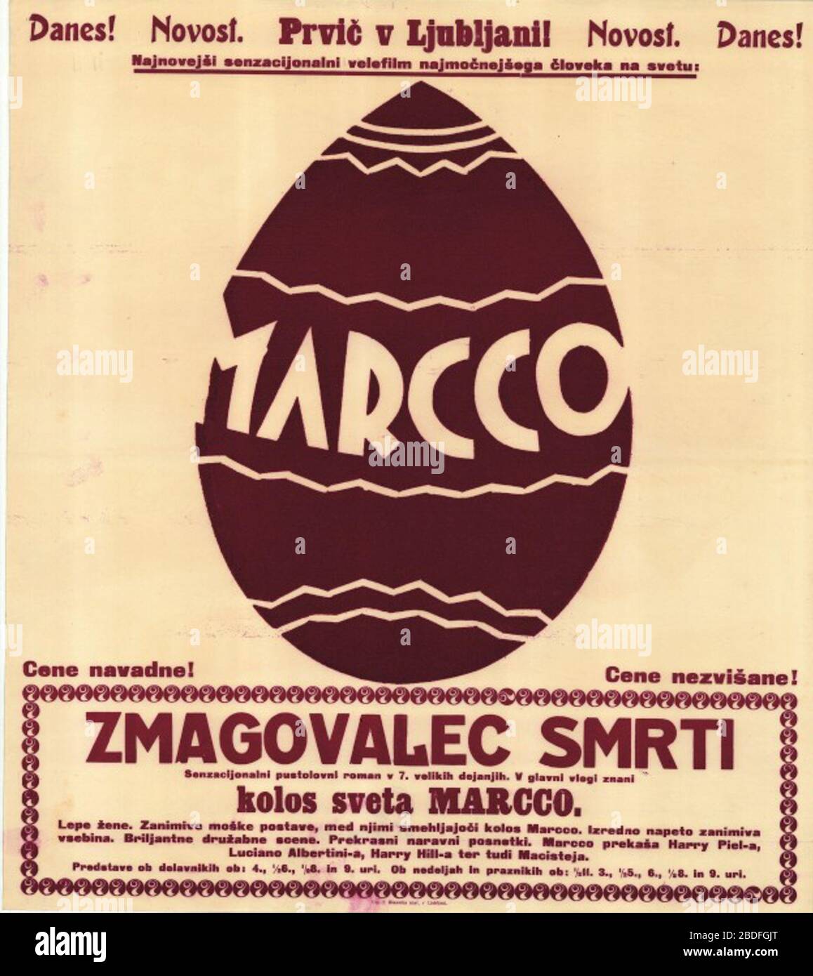 'Slovenščina: Plakat za film Zmagovalec smrti; 1920; This image is available from the Digital Library of Slovenia under the reference number H5DGWW20  This tag does not indicate the copyright status of the attached work. A normal copyright tag is still required. See Commons:Licensing for more information. Deutsch | English | español | italiano | македонски | polski | português | slovenščina | +/−; Unknown author; ' Stock Photo