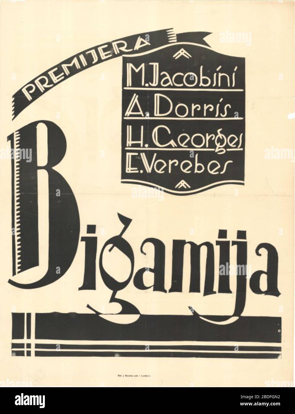 'Slovenščina: Plakat za film Bigamija; 1930; This image is available from the Digital Library of Slovenia under the reference number BAKWNTTM  This tag does not indicate the copyright status of the attached work. A normal copyright tag is still required. See Commons:Licensing for more information. Deutsch | English | español | italiano | македонски | polski | português | slovenščina | +/−; Unknown author; ' Stock Photo