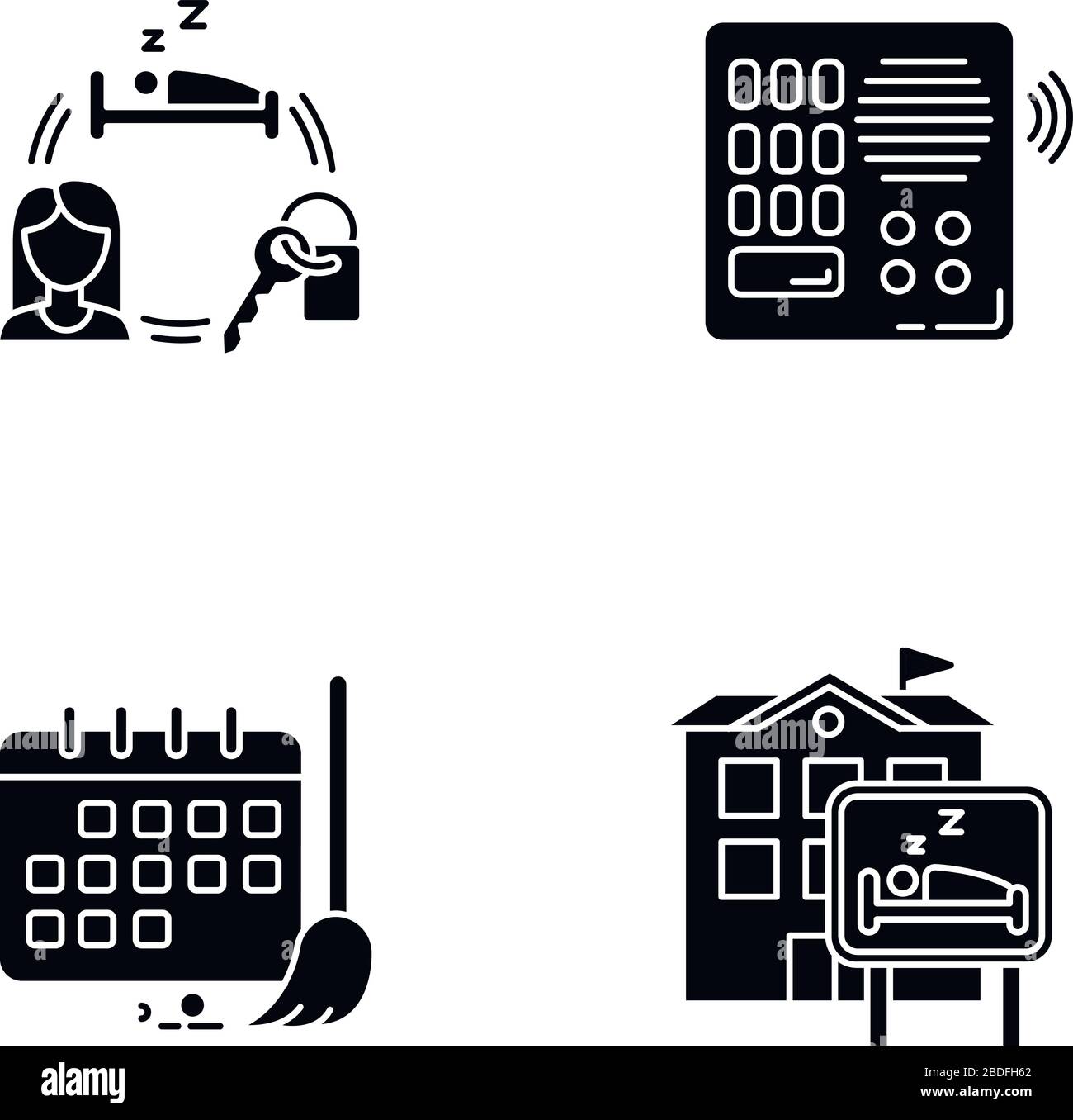 Hostel black glyph icons set on white space. Renting room for night ...