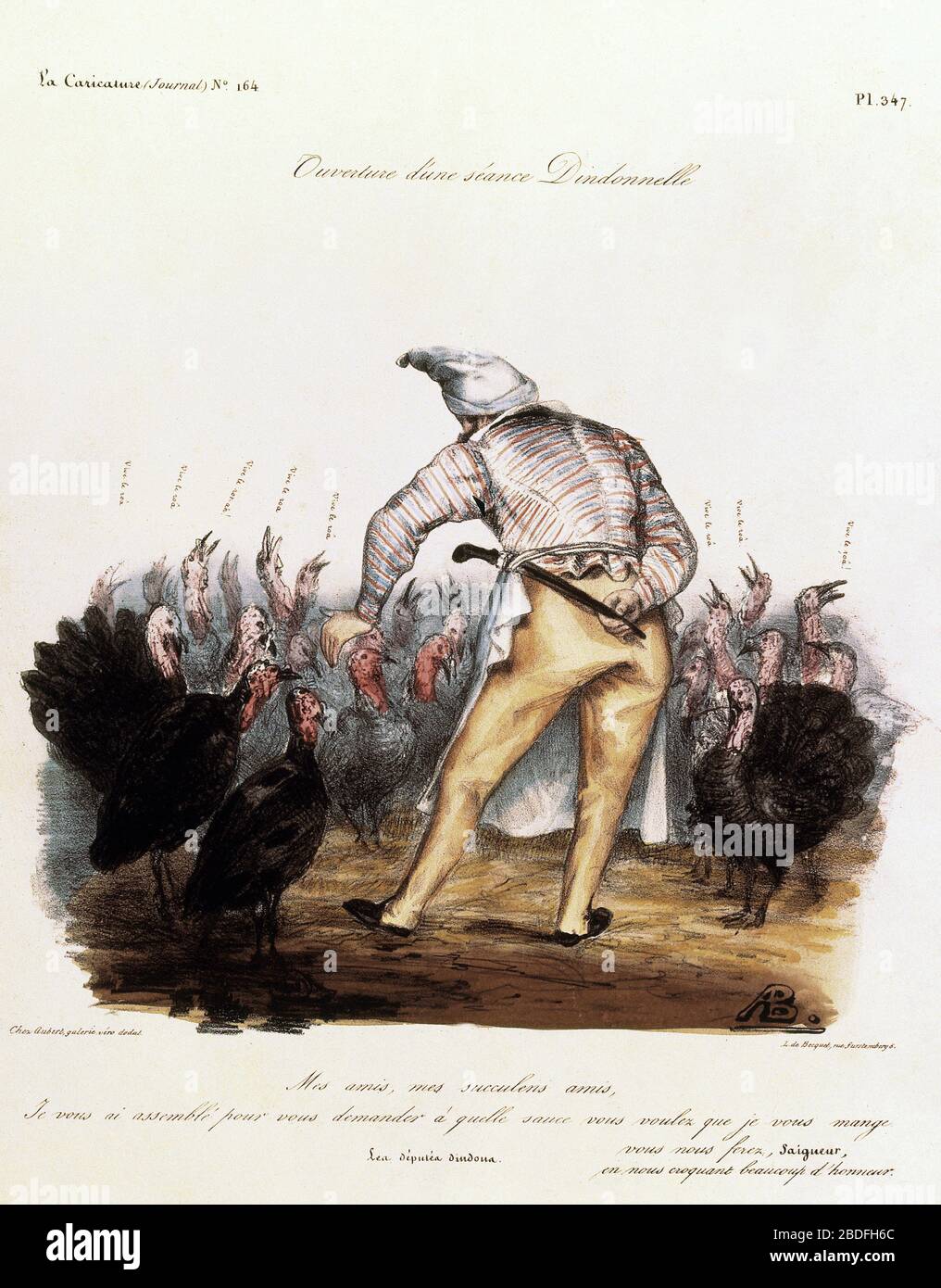 Caricature representant le roi de France Louis-Philippe (1773-1850), de dos avec un bonnet de nuit sur la tete, forcant des dindons a chanter 'Vive le Stock Photo