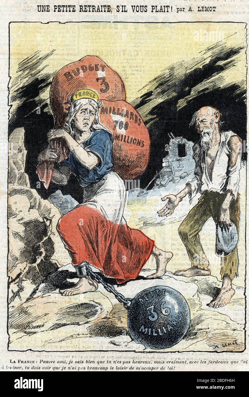 Caricature representant une Marianne, symbolisant la Republique francaise,  portant les lourds sacs du budget, le boulet de la dette au pied, ignorant  Stock Photo - Alamy