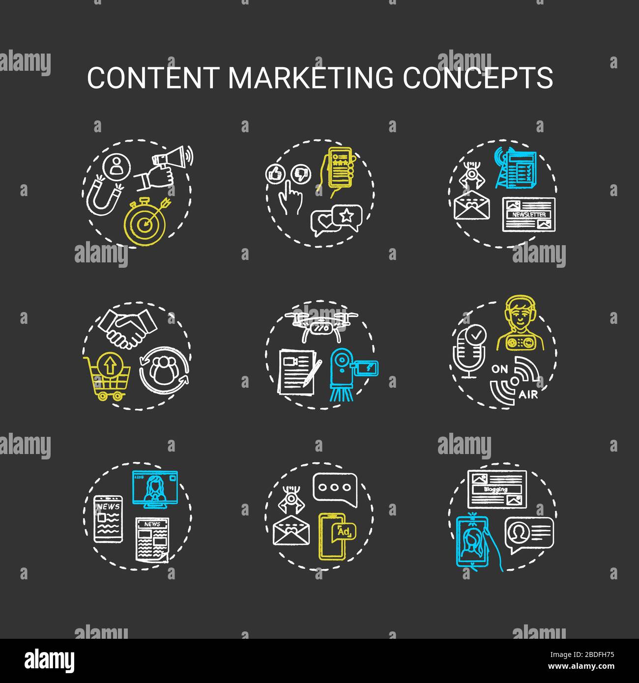 Content marketing chalk RGB color concept icons set. Internet ...