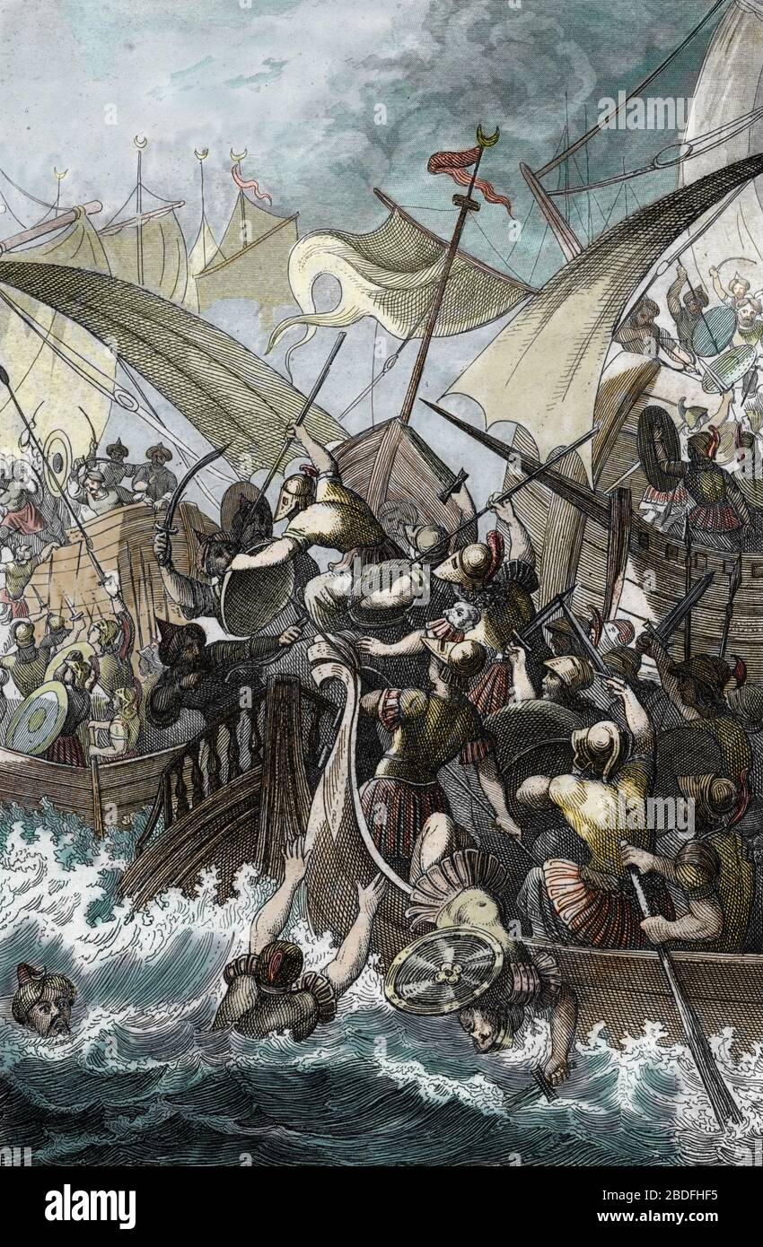 'Representation de la bataille de Salamine en 480 avant JC qui opposa flotte grecque menee par Eurybiade et Themistocle a la flotte perse de Xerxes Ie Stock Photo