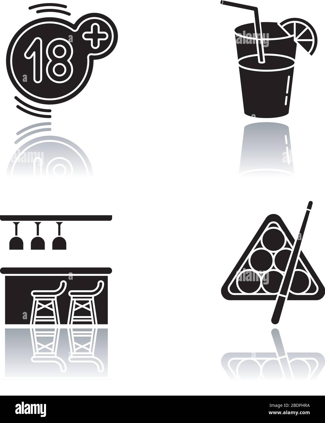 Adult recreation drop shadow black glyph icons set. Night club ...