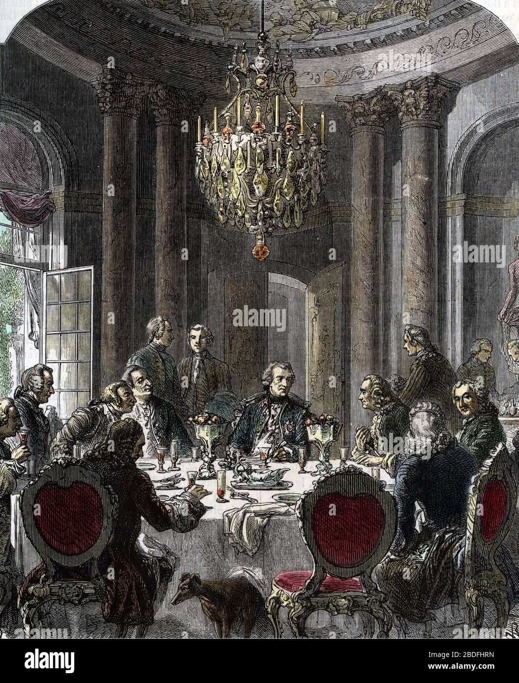 'La table ronde de Frederic II de Prusse (1712-1786) avec Voltaire (Francois-Marie (Francois Marie) Arouet de Voltaire (1694-1778), parmi les autres i Stock Photo