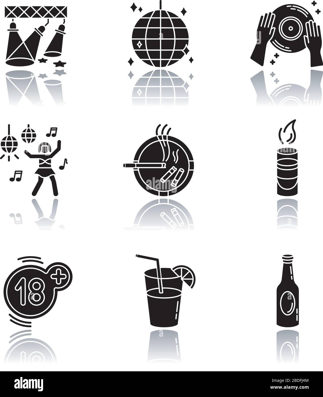 Night club leisure drop shadow black glyph icons set. Entertainment establishment, nightlife, clubbing. Adult recreation, dancing and alcohol drinks Stock Vector