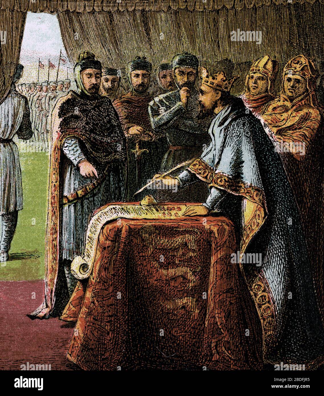 'Signature de 'la grande Charte' par le roi Jean Sans Terre (1167-1216) ('Magna Carta') a Runnymede le 15 juin 1215' (King John signing the Magna Cart Stock Photo