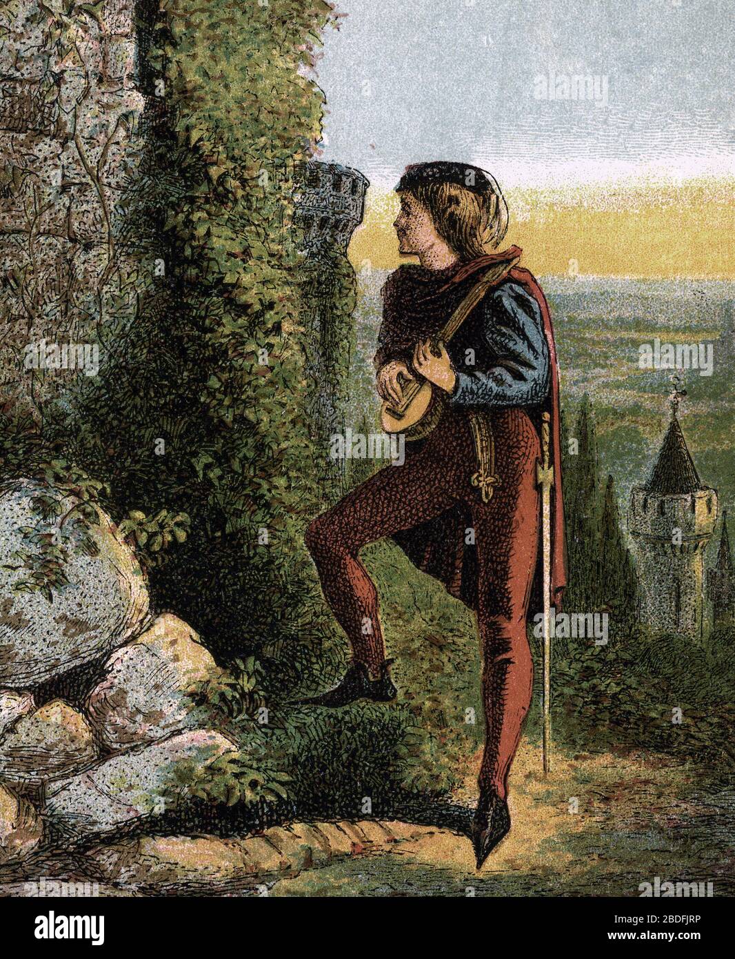 'Blondel de Nesle (entre 1175 et 1210) poete francais et favori du roi Richard Coeur de Lion chantant devant la prison ou est retenu le roi d'Angleter Stock Photo