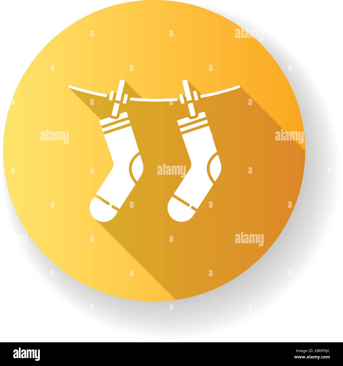 Outside drying yellow flat design long shadow glyph icon. Laundry, clothesline, outdoors clothes drying. Socks hanging on clothesline, clean clothing Stock Vector