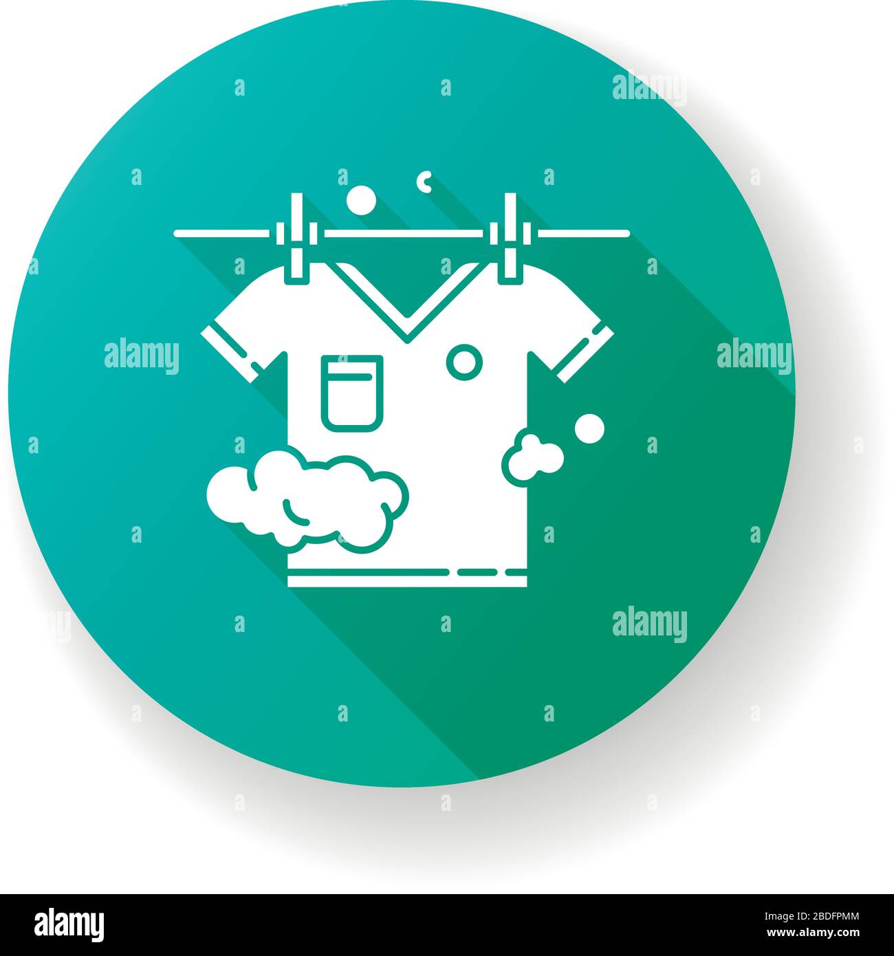 Outdoor drying green flat design long shadow glyph icon. Laundry, clothesline, outside clothes drying. T-shirt hanging on rope, clean clothing, washed Stock Vector