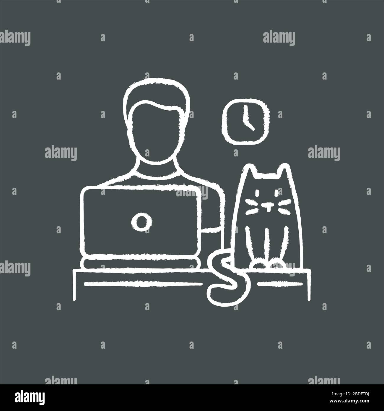 Pet friendly office chalk white icon on black background. Domestic animal permitted territory. Cat at workplace, kitten and human working on computer Stock Vector