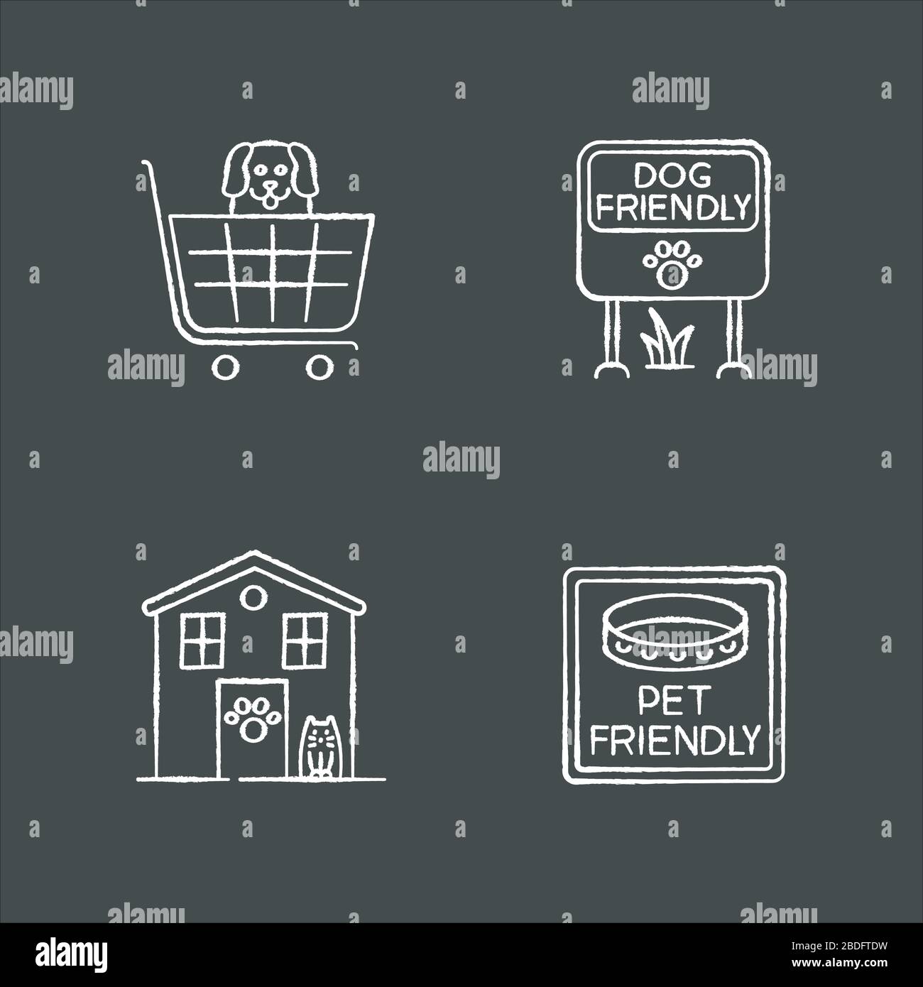 Pet friendly areas chalk white icons set on black background. Four-legged friends welcome shops and houses. Domestic animals allowed parks and Stock Vector