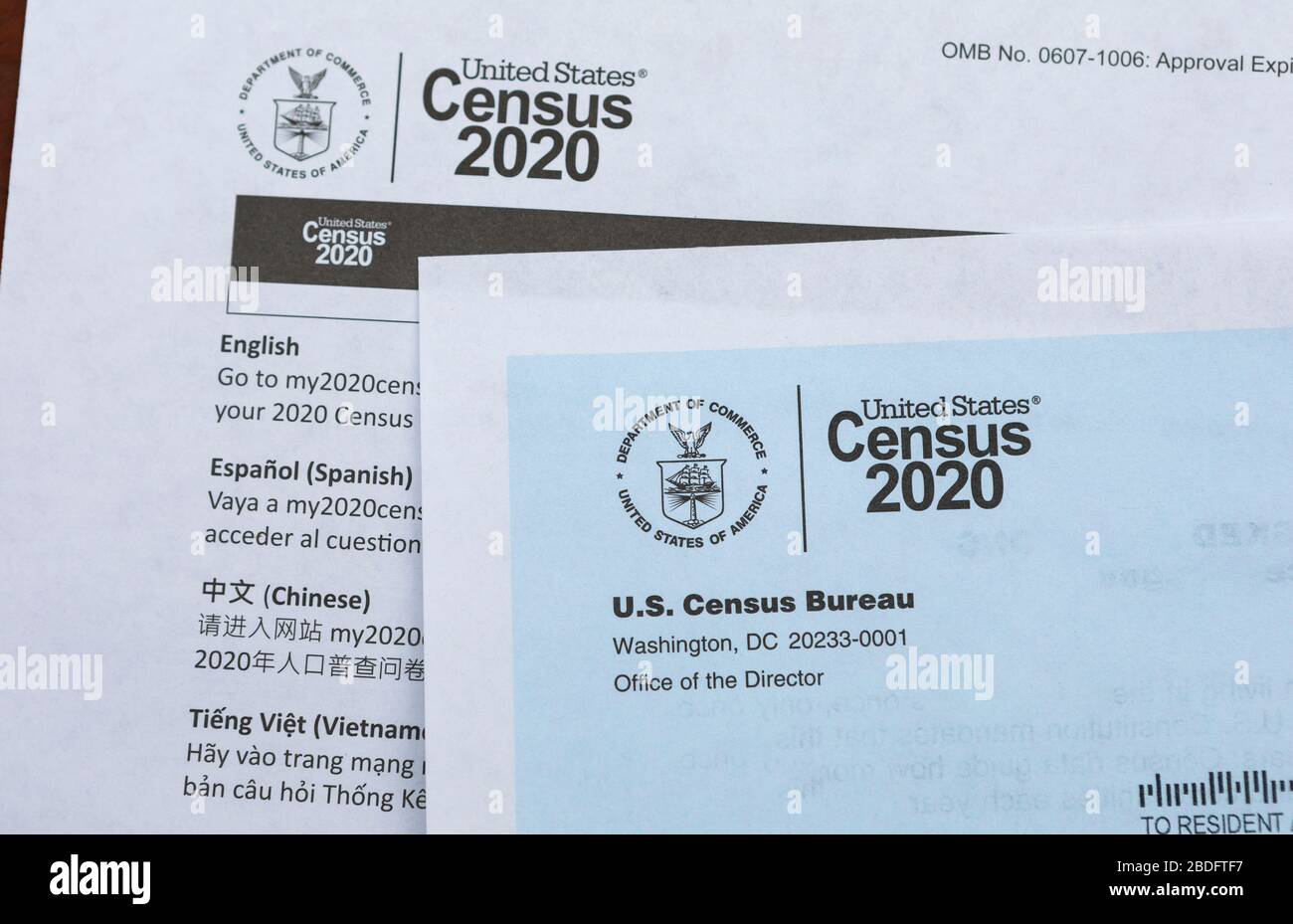VIRGINIA, USA, MARCH 14, 2020:  U.S. Census 2020 paper forms with translation, mailed from U.S. Census Bureau. Stock Photo