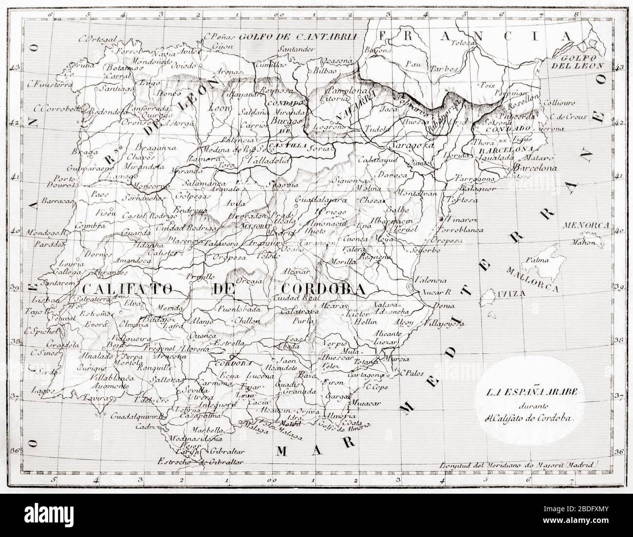 Map of Spain showing the Caliphate of Cordoba, 929 - 1031. From Las Glorias Nacionales, published in Madrid and Barcelona, 1852.  The map is in the Spanish language. Stock Photo