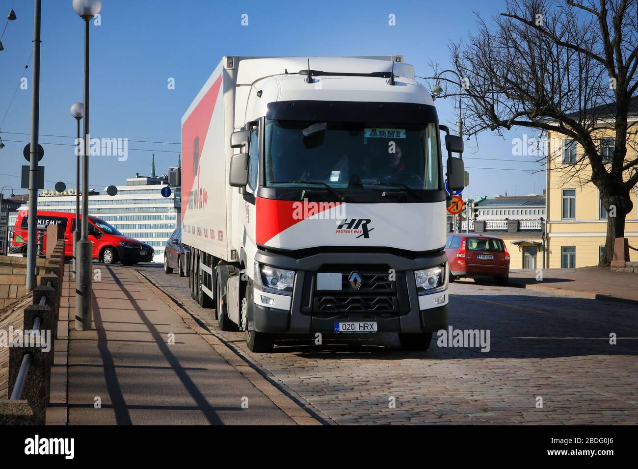 Renault Trucks T semi trailer HRX driving on cobbled Helsinki street after  arrival in Port of Helsinki, Finland on sunny day of spring. April 7, 2020  Stock Photo - Alamy