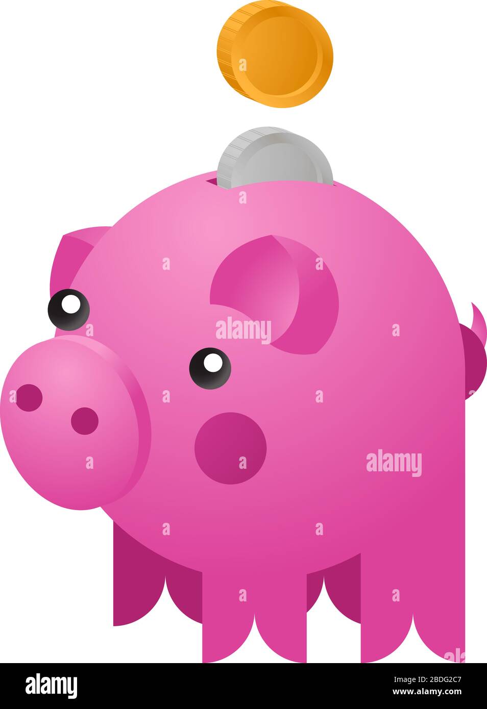 Moneybox in the form of ceramic pig with a coins falling into it. Concept of saving money. Vector illustration Stock Vector