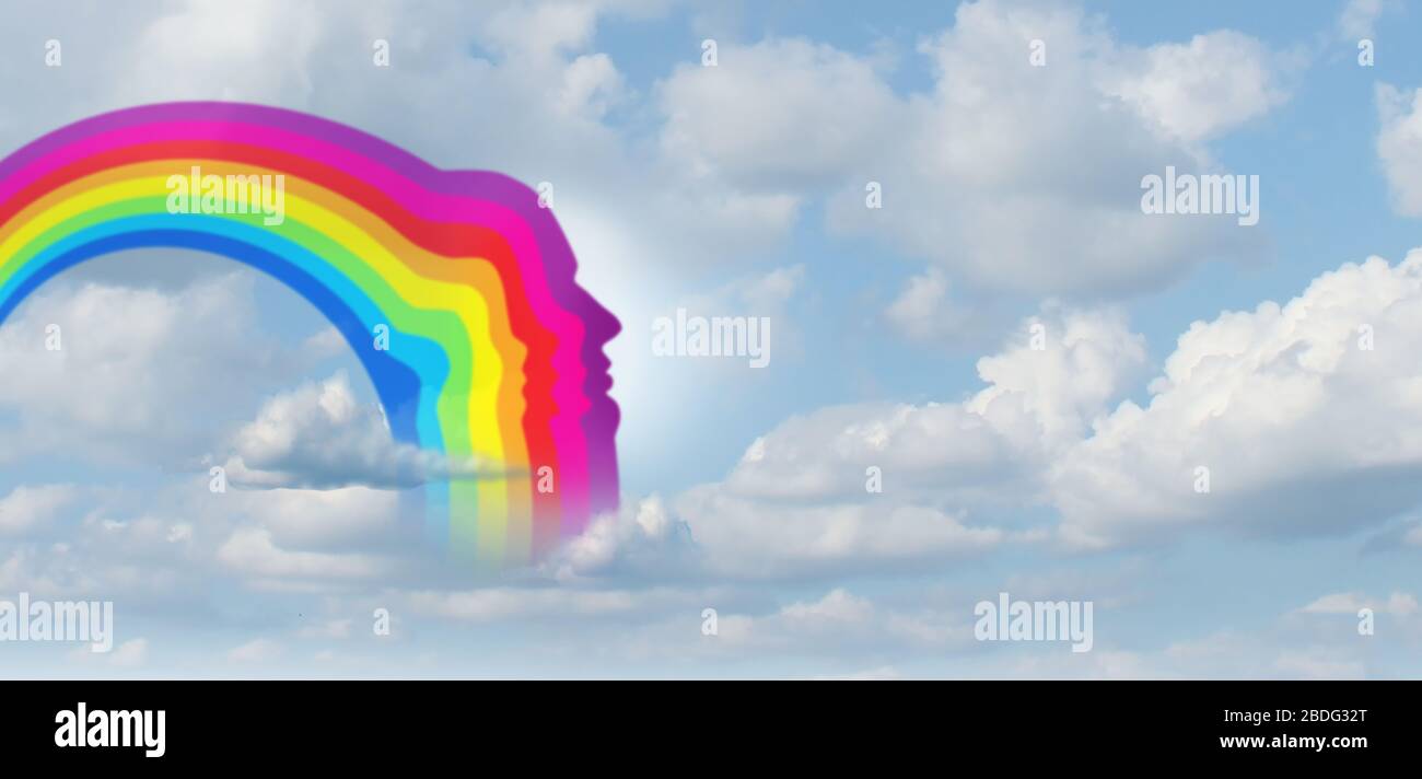 Hope rainbow background shaped as a human head in the clouds as a as a recovery from challenges as a positive psychology symbol for the future. Stock Photo