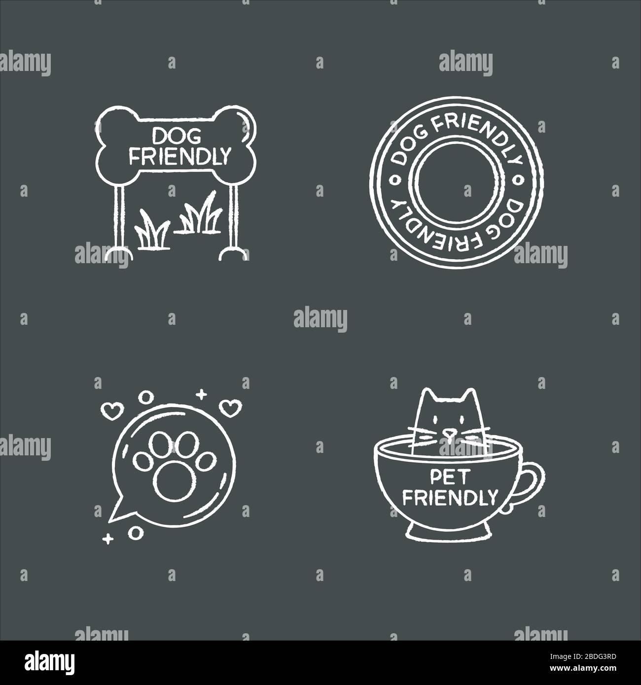 Cat and dog friendly areas emblems chalk white icons set on black background. Four-legged friends allowed territories signs. Kitty and doggy welcome Stock Vector
