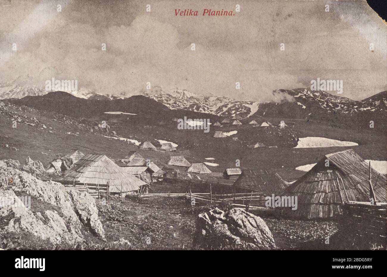 'English: Postcard of Velika planina.; 1919; https://www.muzej-kamnik-on.net/razstave/na-planicah-lustno-biti-alpski-biser-brez-primere/; Unknown author; ' Stock Photo