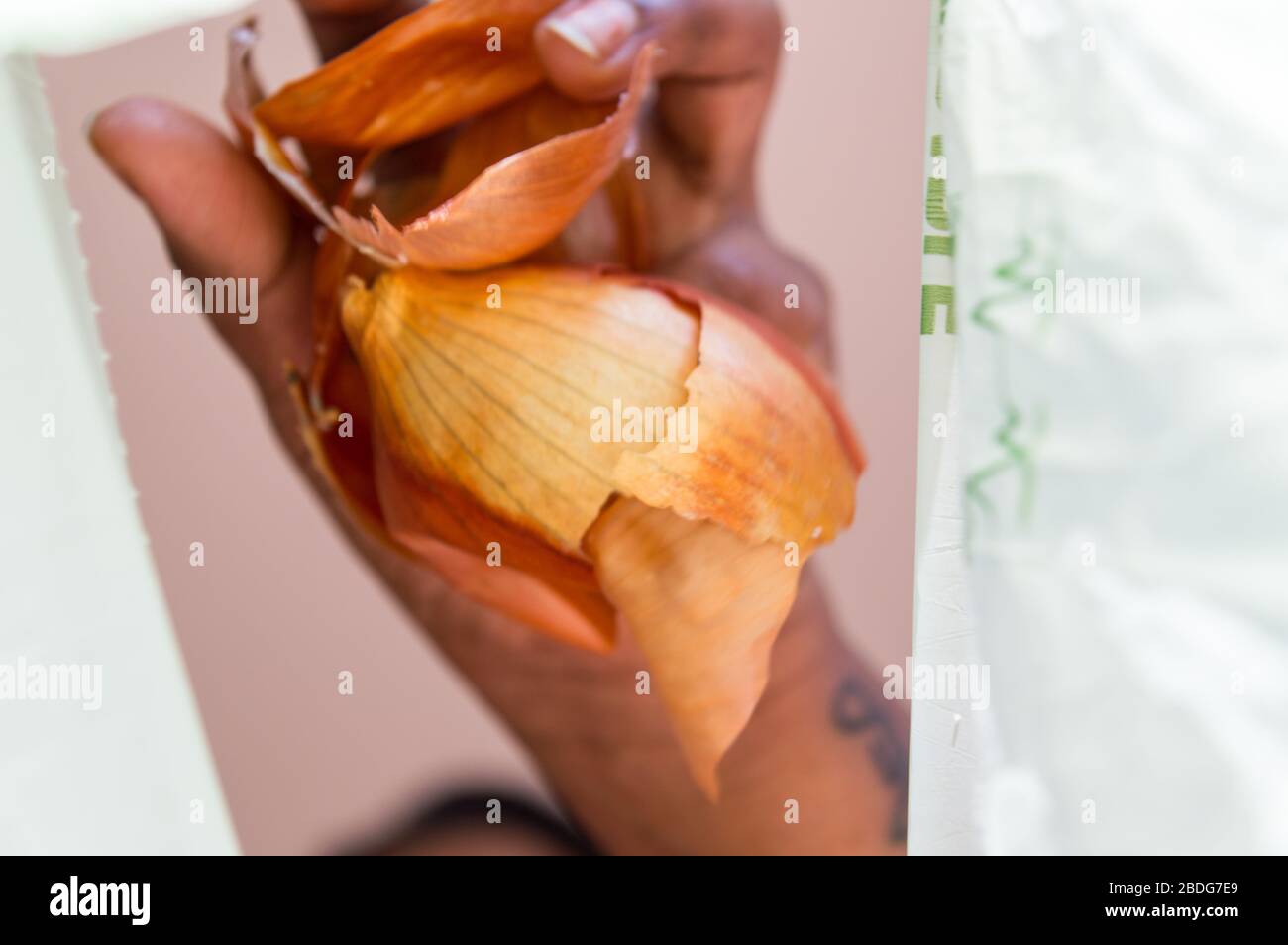 Lady throwing food waste into bin bag view from inside Stock Photo