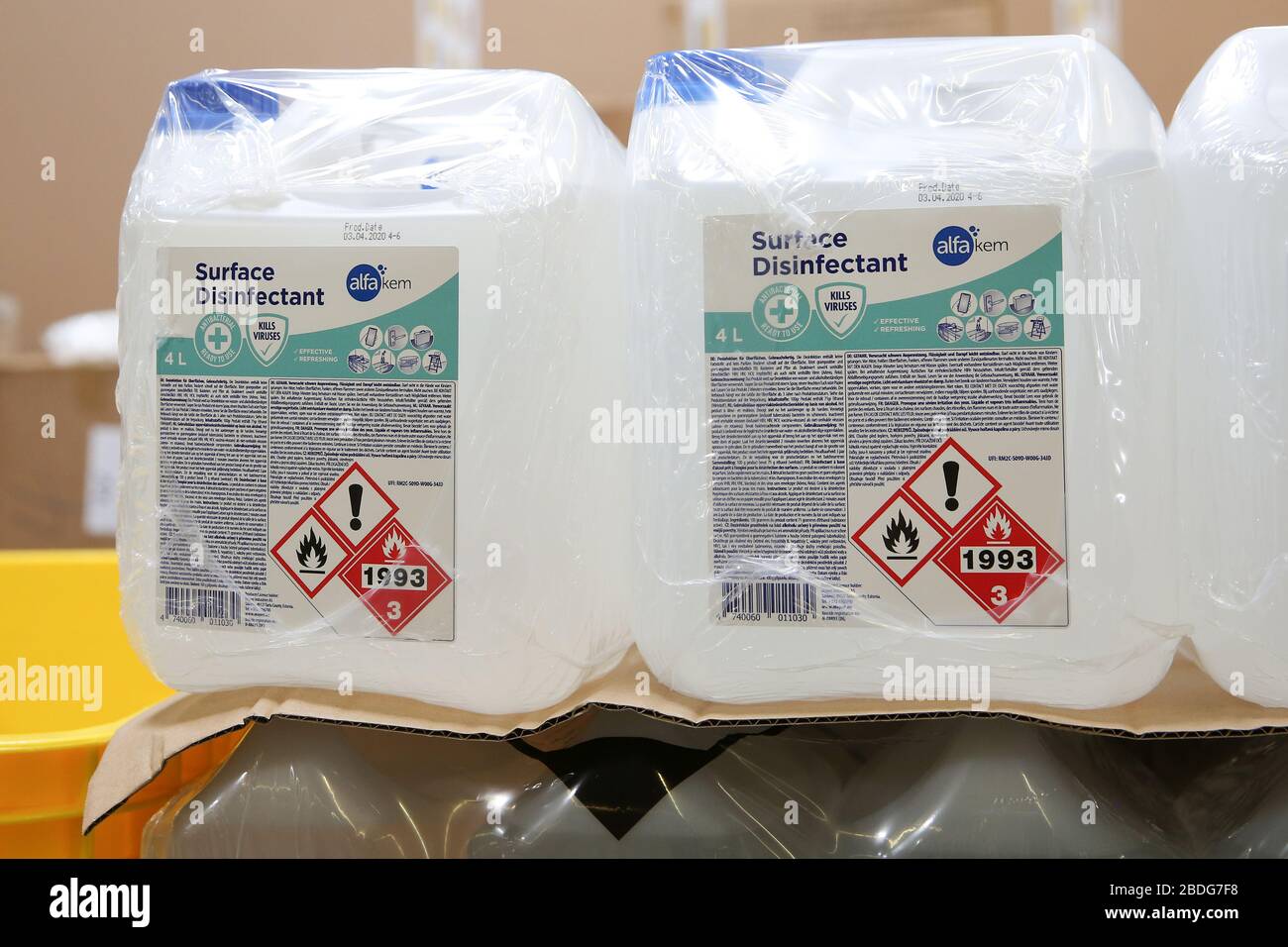 Hamburg, Germany. 08th Apr, 2020. Canisters with disinfectant are ready for delivery in a logistics centre. The Kassenärztliche Vereinigung Hamburg (KVH) started on Wednesday with the delivery of hand disinfectant and protective masks to 5200 Hamburg contract doctors and contract psychotherapists. Credit: Bodo Marks/dpa/Alamy Live News Stock Photo