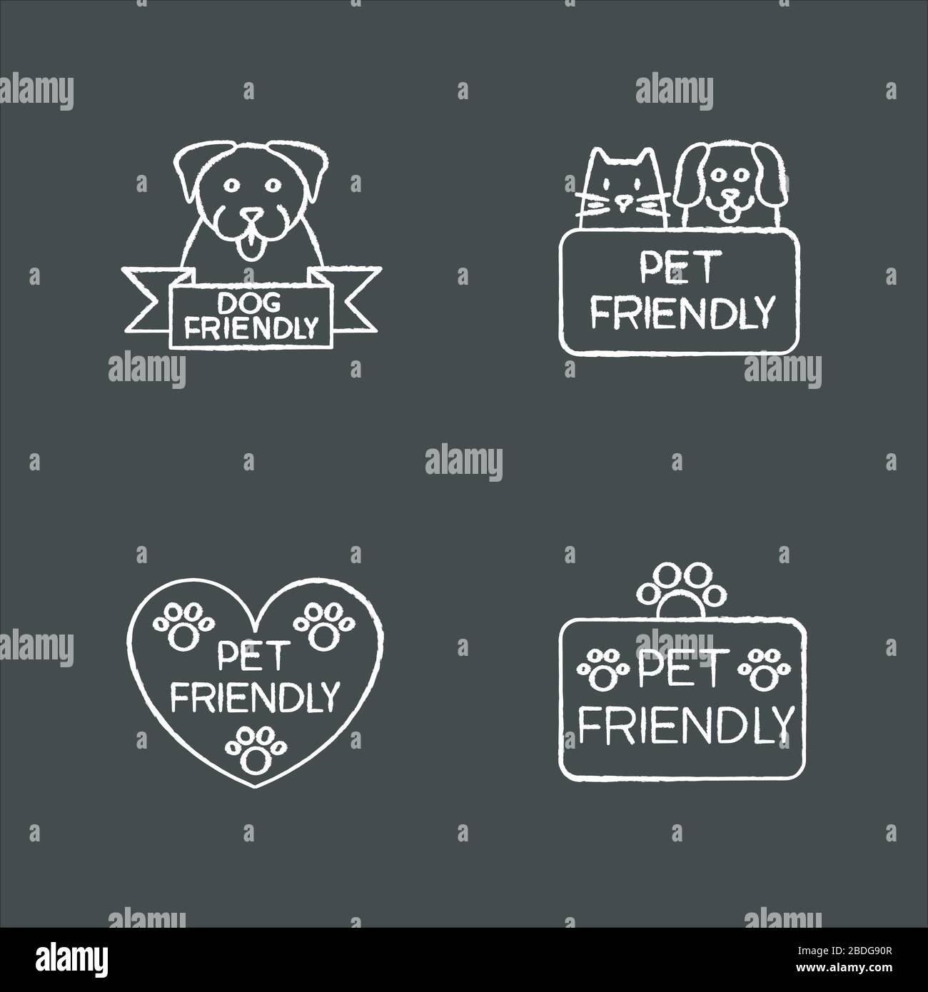 Pet friendly service chalk white icons set on black background. Four-legged friends grooming salon. Domestic animals care, cats and dogs allowed areas Stock Vector