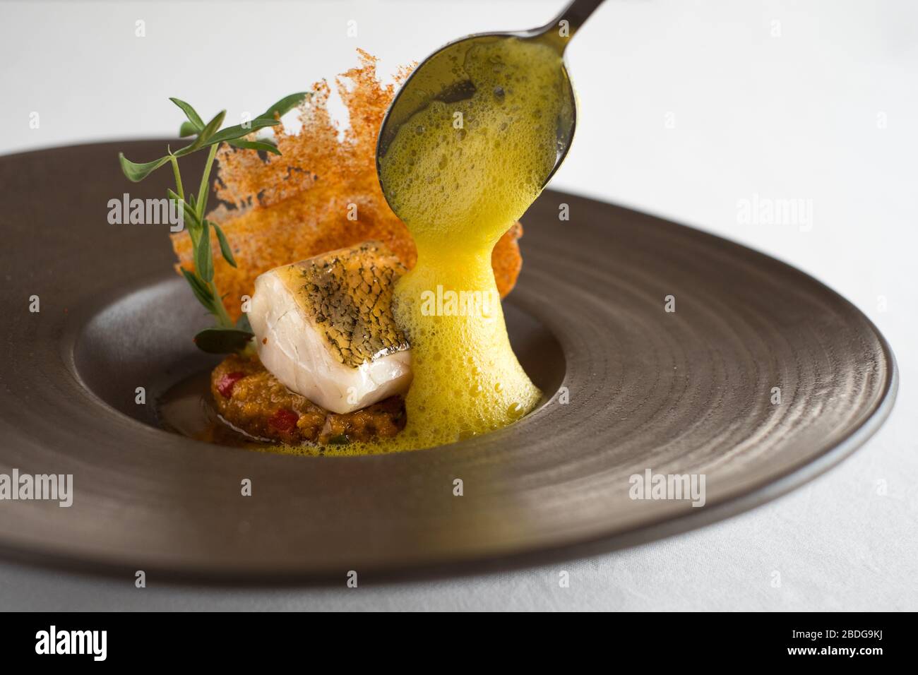 Pike perch with a saffron foam, served at the restaurant at L'AND Vineyards, Montemor-o-Novo, Alentejo, Portugal Stock Photo