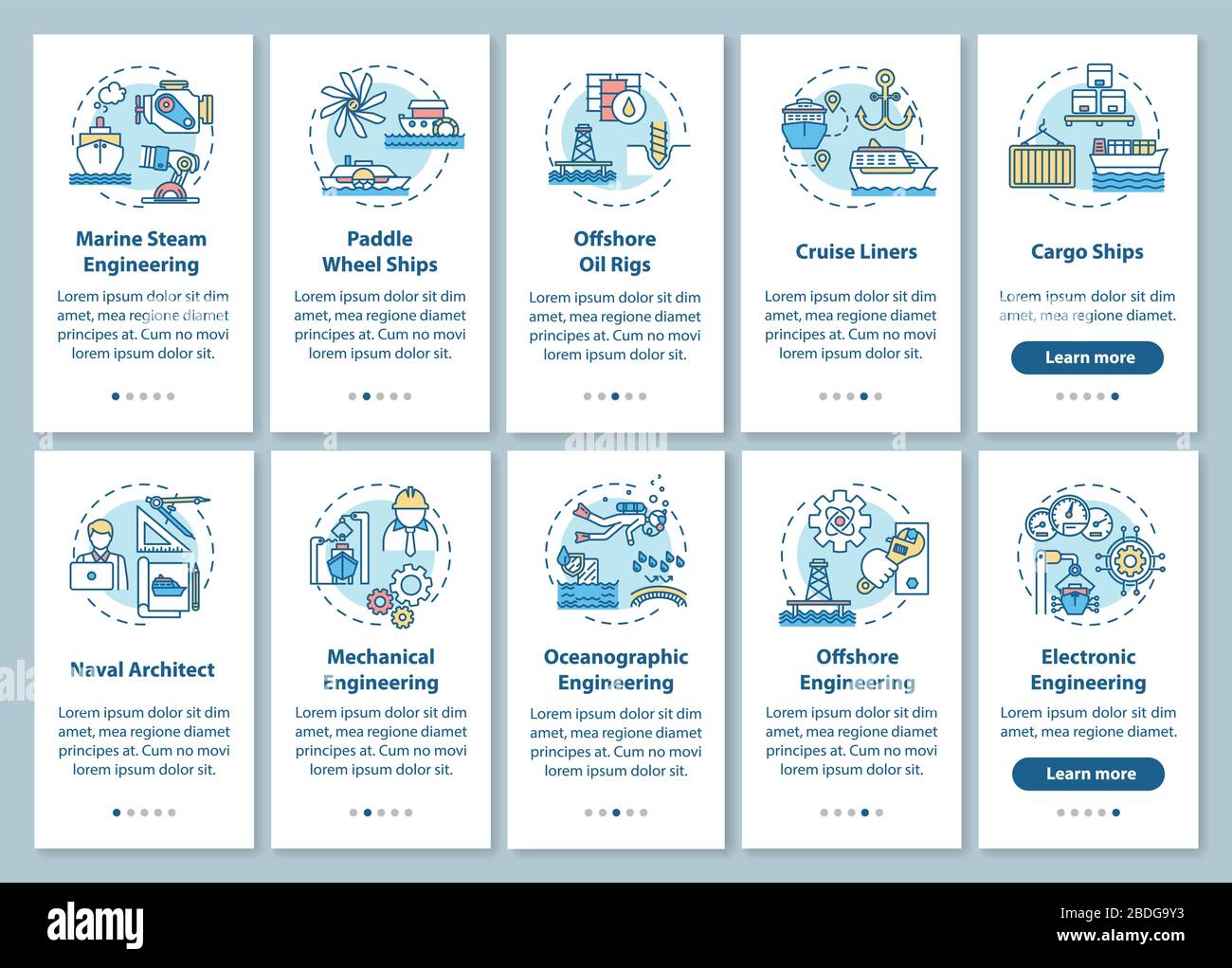 Marine engineering onboarding mobile app page screen set with concepts. Maritime work types walkthrough 5 steps graphic instructions. UI vector Stock Vector